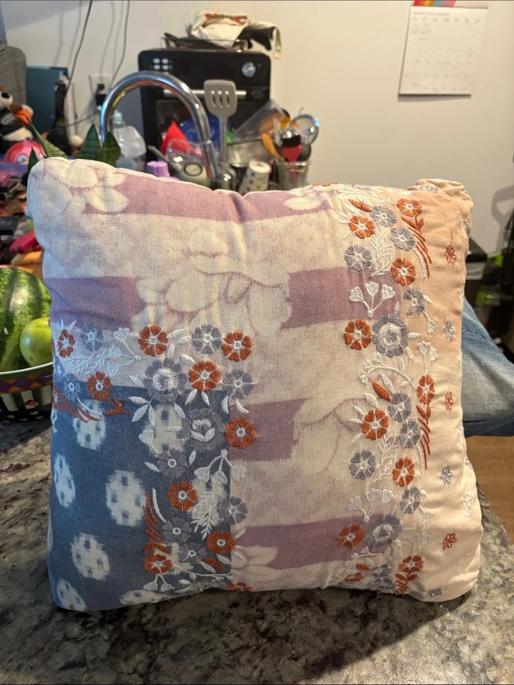 Macy's Floral Embroidered Decorative Pillow in Peach, Lavender, Orange and Gray